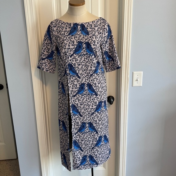 eShakti Small (6) Filigree Bird Tunic Top ~ Blue Long Line Classic Front Slit - Picture 1 of 6